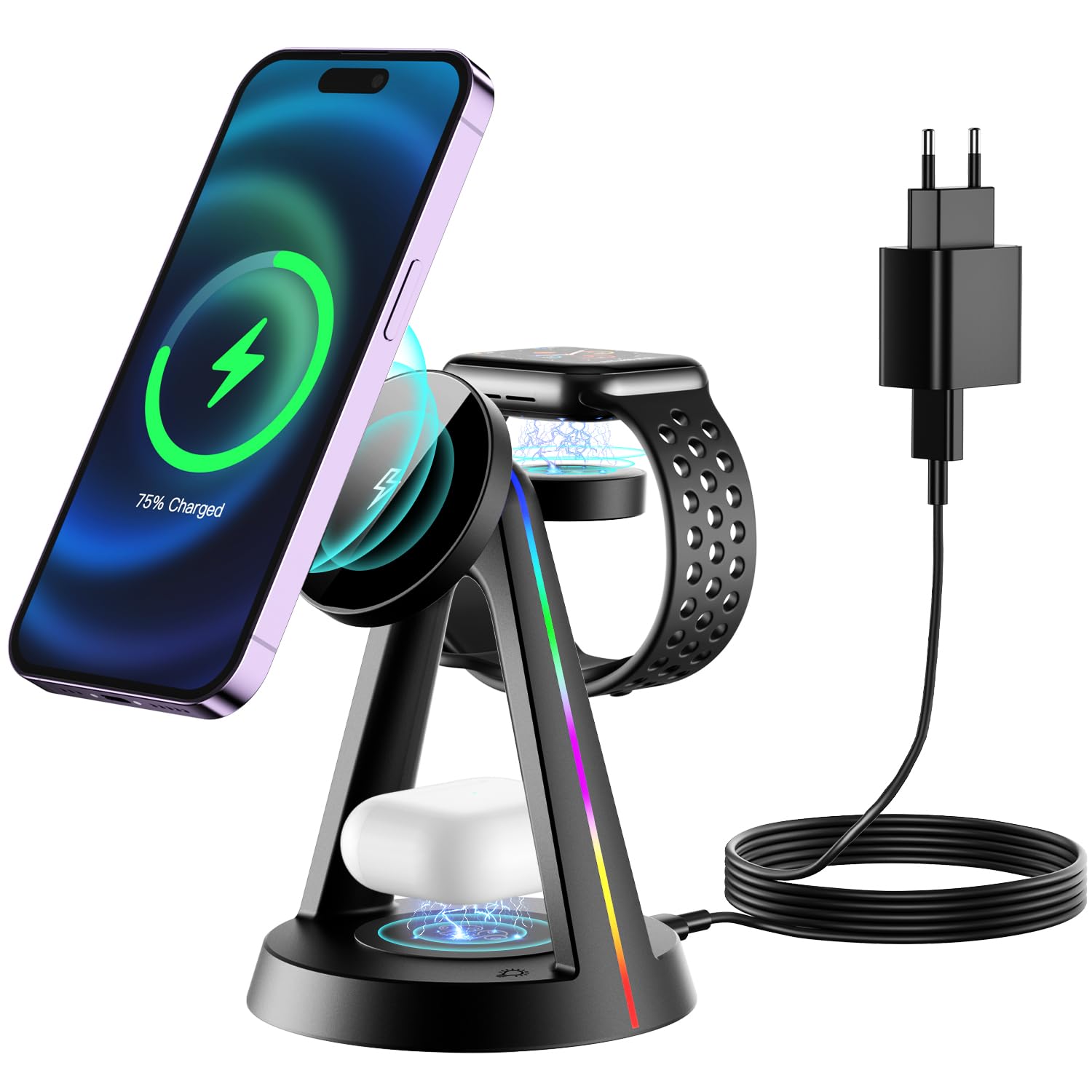 PKBD Mag-Safe 3 in 1 Wireless Charger, Charging Station with Light for iPhone 16/15/14/13/12 Pro/Max/Plus/Mini, Apple Watch, AirPods 4/3/2 Pro, Wireless Charger with 18W Adapter, Black