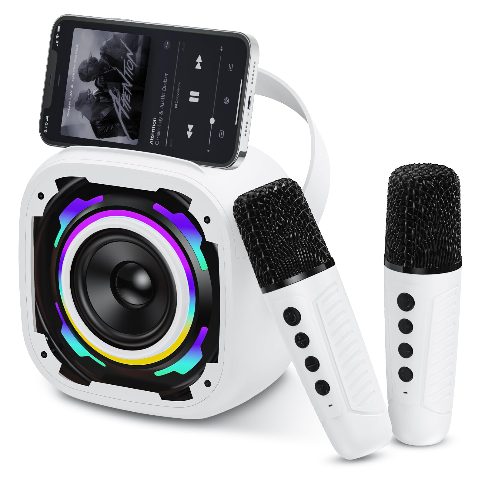 PKBD Karaoke Machine 2 Microphones for Kids Adults, Wireless Portable Bluetooth Speaker with Dynamic Light/Phone Holder/Mini Voice Changer Mic, for Girls Boys Home Party Outdoor