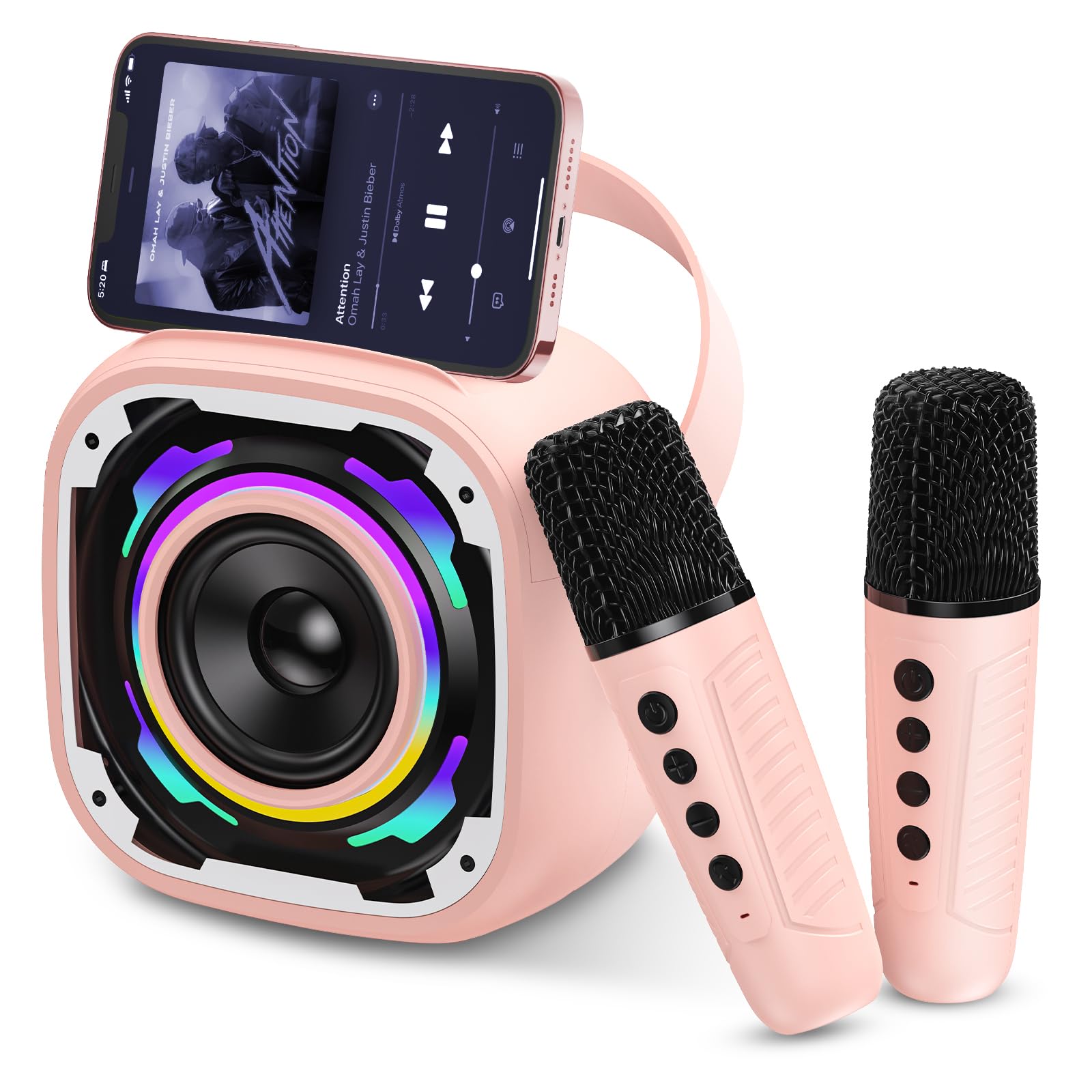 PKBD Karaoke Machine 2 Microphones for Kids Adults, Wireless Portable Bluetooth Speaker with Dynamic Light/Phone Holder/Mini Voice Changer Mic, for Girls Boys Home Party Outdoor