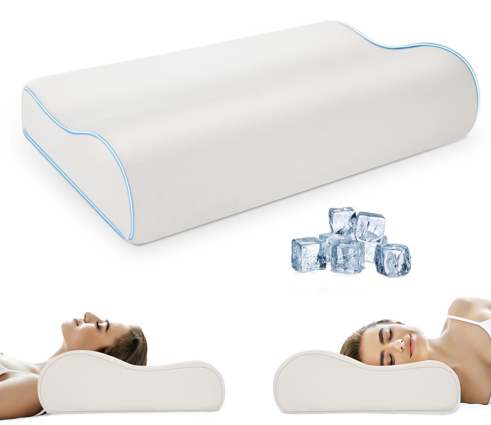 PKBD Memory Foam Pillow with Pillowcase(Cooling Ice Silk),Neck/Shoulder Pain Relief,Ergonomic Orthopedic Cervical Pillow,Neck Contoured Bed Pillow for Side,Back,Stomach Sleepers