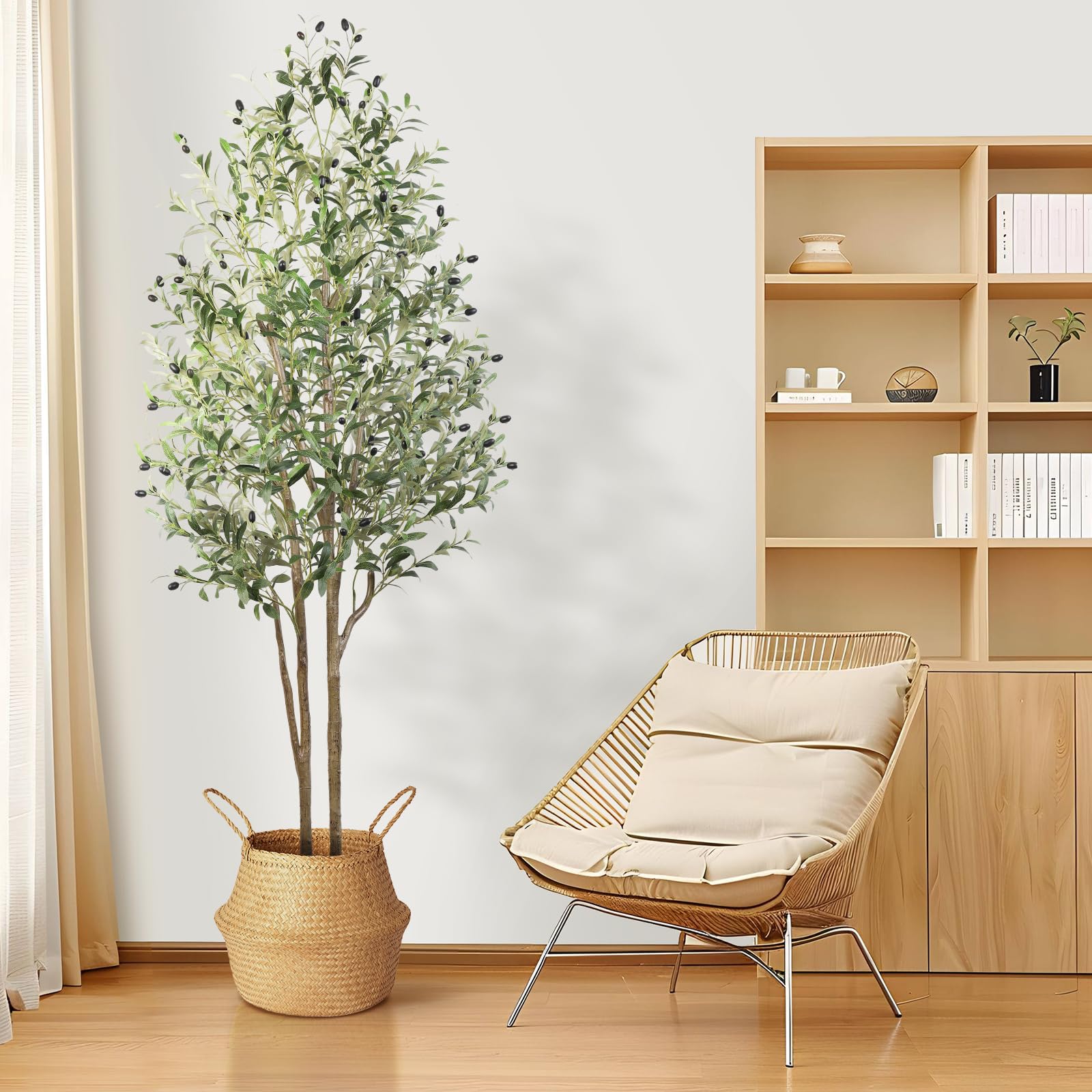 Artificial Olive Tree 6FT Tall Faux Silk Plant(72" in), Indoor Fake Olive Tree with Natural Wood Trunk & Lifelike Fruits, Perfect for Modern Home Office Living Room Floor Decor, 6 FT