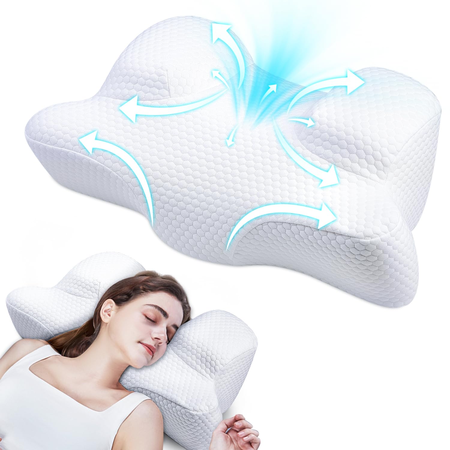 Benazcap Beauty Pillow - Flawless Face Pillow, Anti-Wrinkle & Anti-Aging Memory Foam Pillow for Neck & Shoulder Pain, Cervical Neck Pillow for Back Sleepers Reduces Pressure on Skin - White