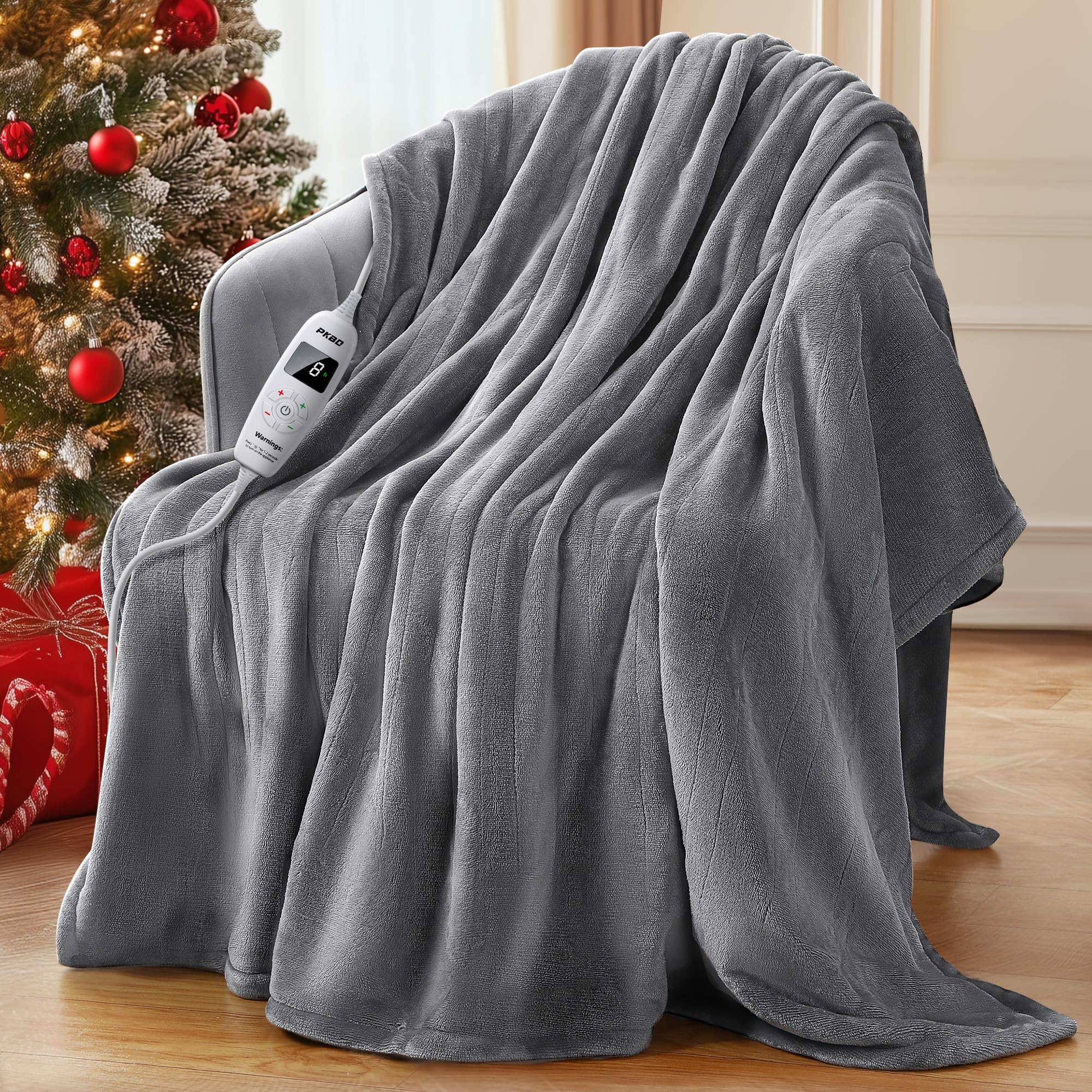 50"x60" Electric Heated Blanket Throw, with 10 Heating Levels, 8 Hours Auto Shut Off & Overheat Protection, Machine Washable Flannel, Dual Sided, Light Grey