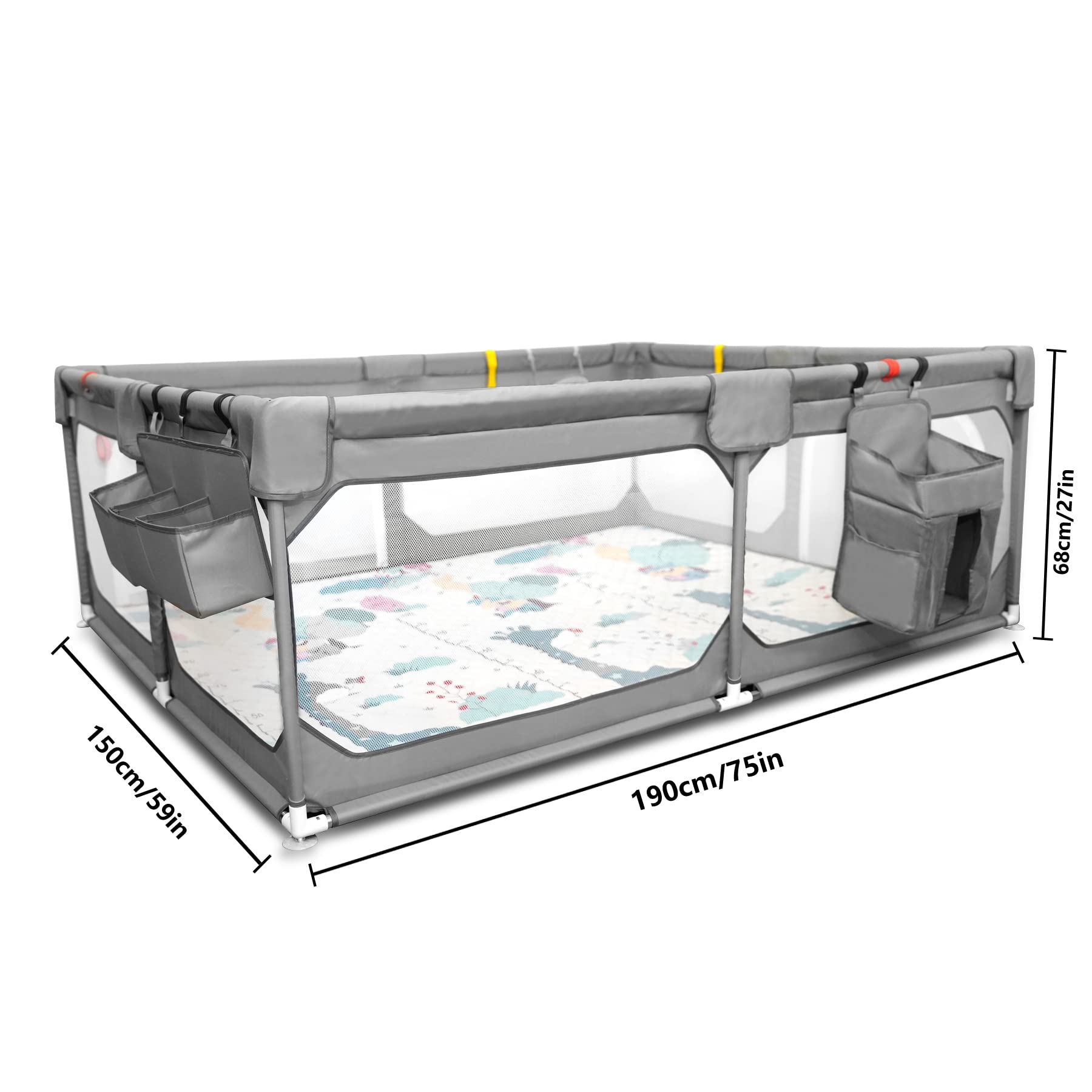 Baby Playpen with Mat 75"*59", Extra Large Playpen for Babies and Toddlers with Storage Bag, BPA-Free, Non-Toxic, Safe No Gaps Playards for Babies, Sturdy Safety Play Yard for Indoor Outdoor Fun, Grey