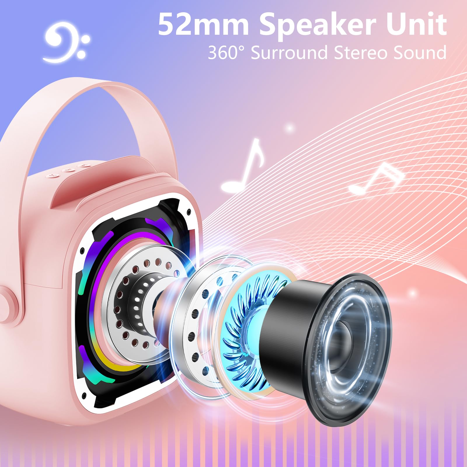 PKBD Karaoke Machine 2 Microphones for Kids Adults, Wireless Portable Bluetooth Speaker with Dynamic Light/Phone Holder/Mini Voice Changer Mic, for Girls Boys Home Party Outdoor