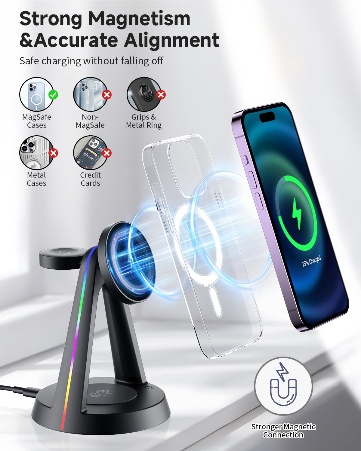 PKBD Mag-Safe 3 in 1 Wireless Charger, Charging Station with Light for iPhone 16/15/14/13/12 Pro/Max/Plus/Mini, Apple Watch, AirPods 4/3/2 Pro, Wireless Charger with 18W Adapter, Black