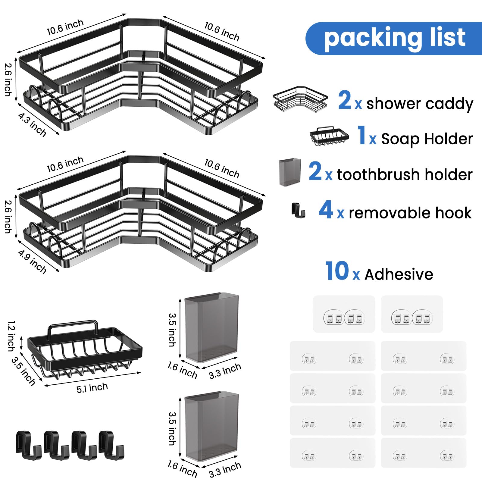 PKBD Corner Shower Caddy 3 Pack,Bathroom Storage No Drilling,shower storage with Soap Holder&Hooks&Toothpaste Holders,Bathroom or Kitchen,Rustproof Stainless Steel suction bathroom accessories,Black