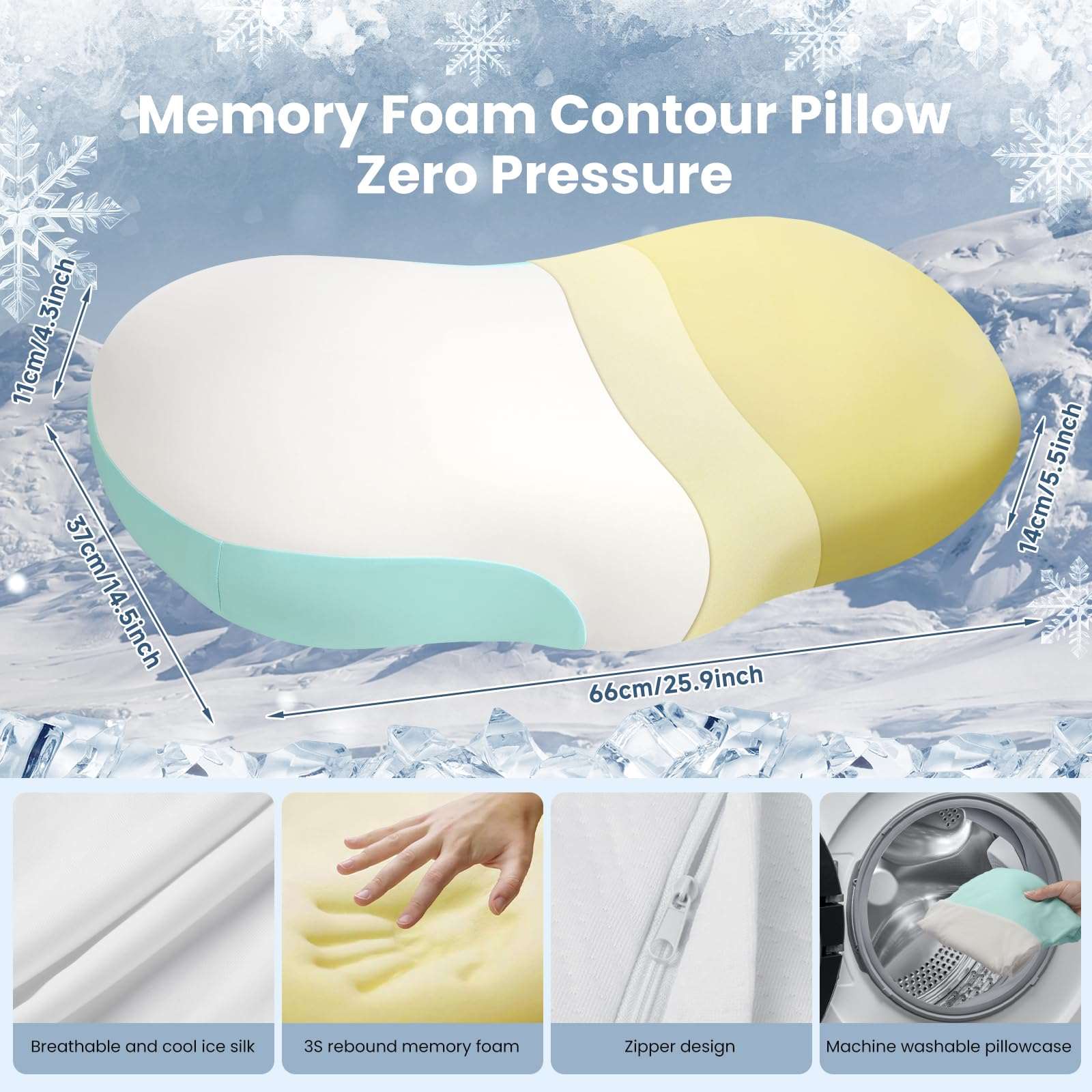 Ergonomic Contour Pillow Memory Foam Cooling Sleep Pillow-White and Blue