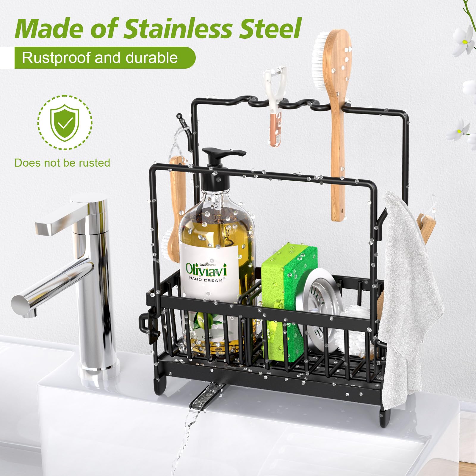 Kitchen Sink Caddy, Rustproof 304 Stainless Steel Sponge Holder for Kitchen Sink with Removable Drain Tray, Towel Holder and Brush Drainer Rack, Kitchen Organiser for Sink Tidy, Black