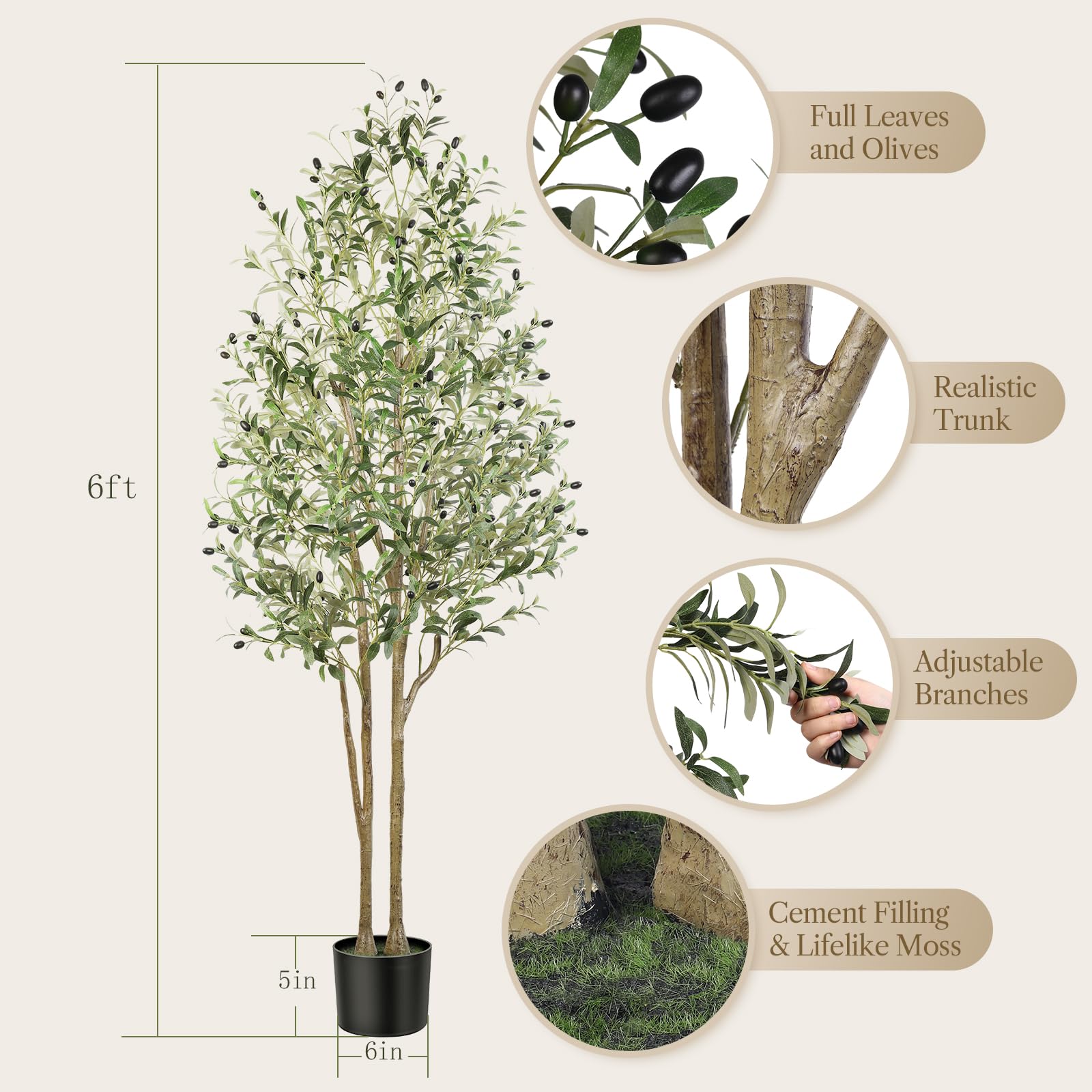 Artificial Olive Tree 6FT Tall Faux Silk Plant(72" in), Indoor Fake Olive Tree with Natural Wood Trunk & Lifelike Fruits, Perfect for Modern Home Office Living Room Floor Decor, 6 FT