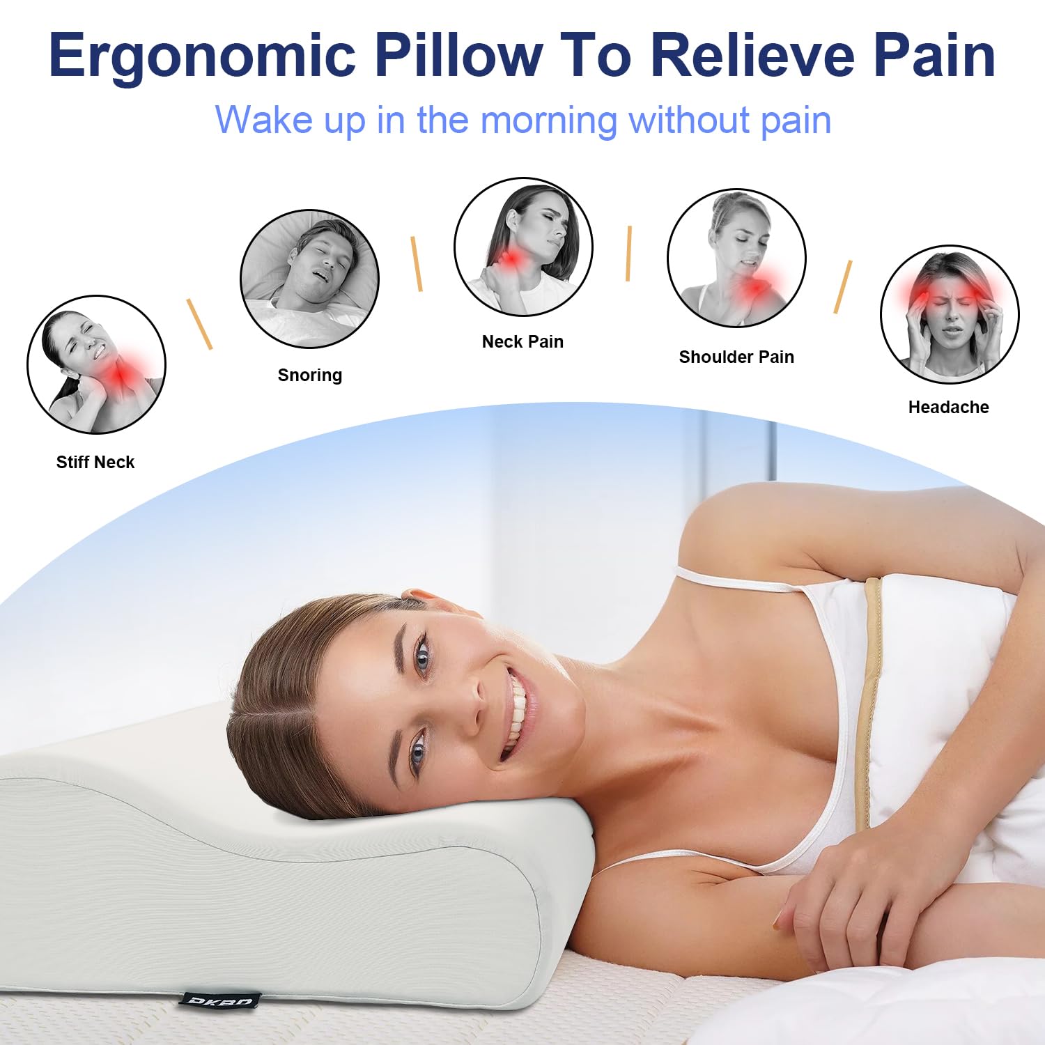 PKBD Memory Foam Pillow with Pillowcase(Cooling Ice Silk),Neck/Shoulder Pain Relief,Ergonomic Orthopedic Cervical Pillow,Neck Contoured Bed Pillow for Side,Back,Stomach Sleepers