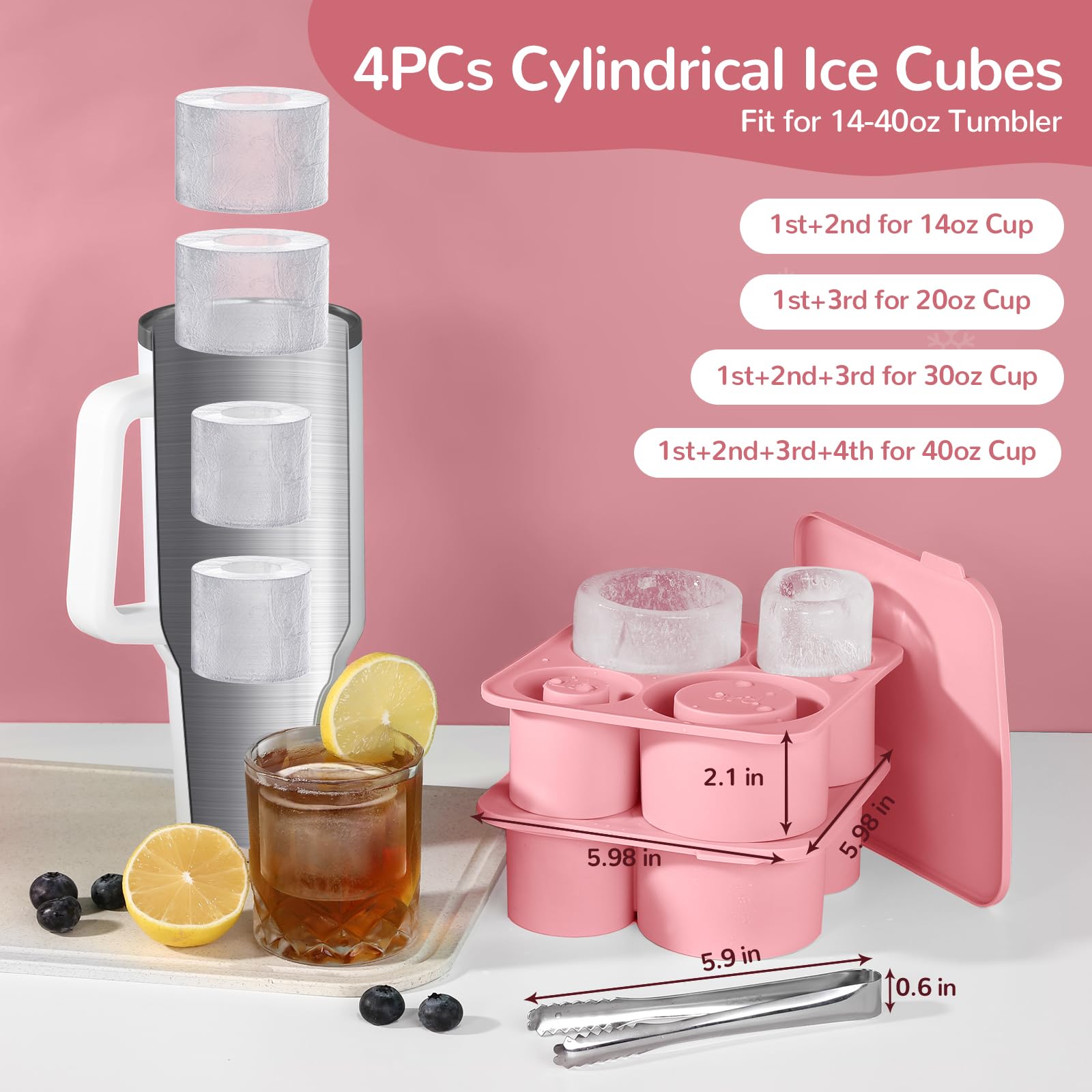 PKBD Ice Cube Tray Mold with Lid for Stanley Cup 14-40Oz Tumbler, Hollow Cylinder Silicone Freezer Ice Moulds for Chilling Cocktails, Whiskey, Drinks, Coffee, Includes Stainless Steel Clip, Pink