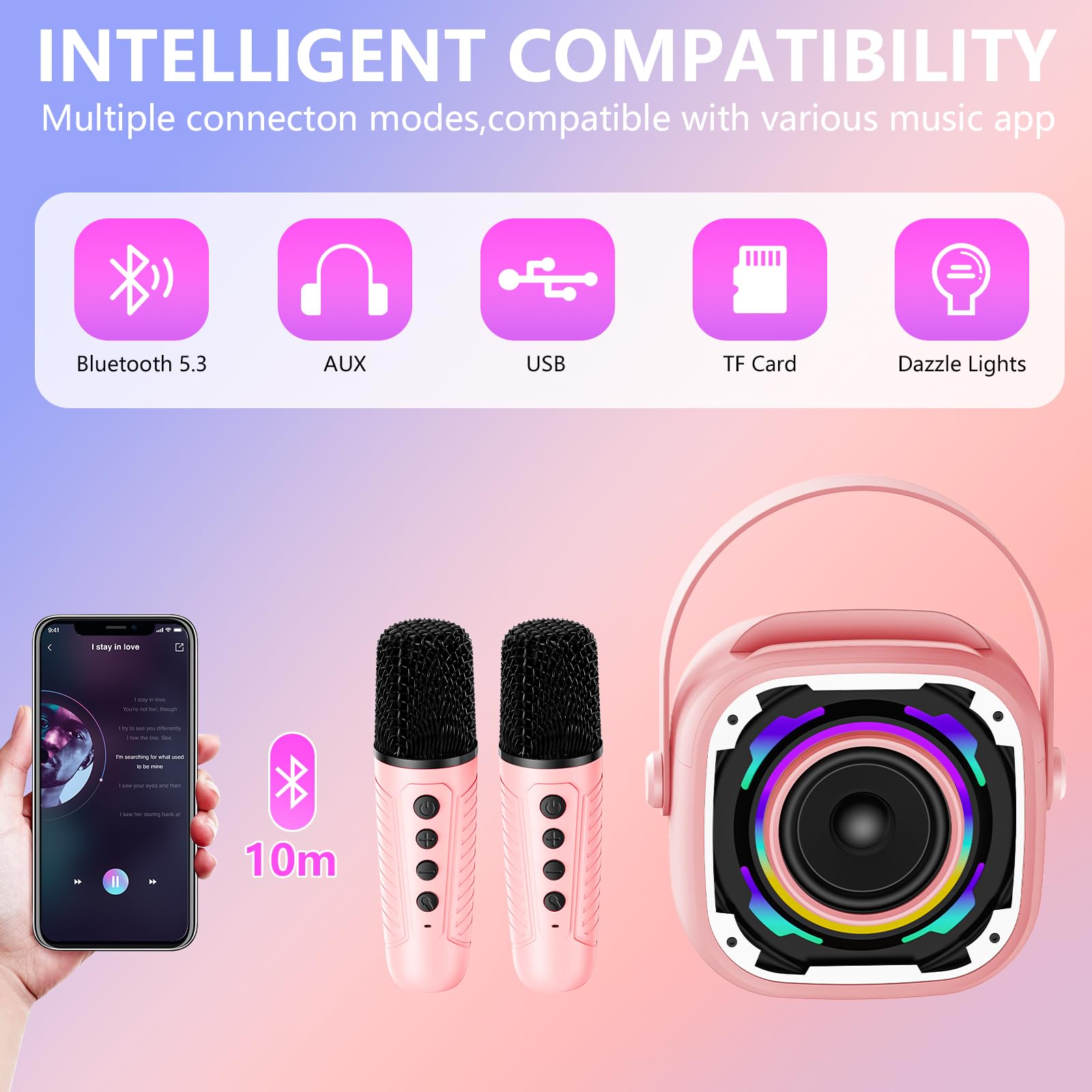 PKBD Karaoke Machine 2 Microphones for Kids Adults, Wireless Portable Bluetooth Speaker with Dynamic Light/Phone Holder/Mini Voice Changer Mic, for Girls Boys Home Party Outdoor