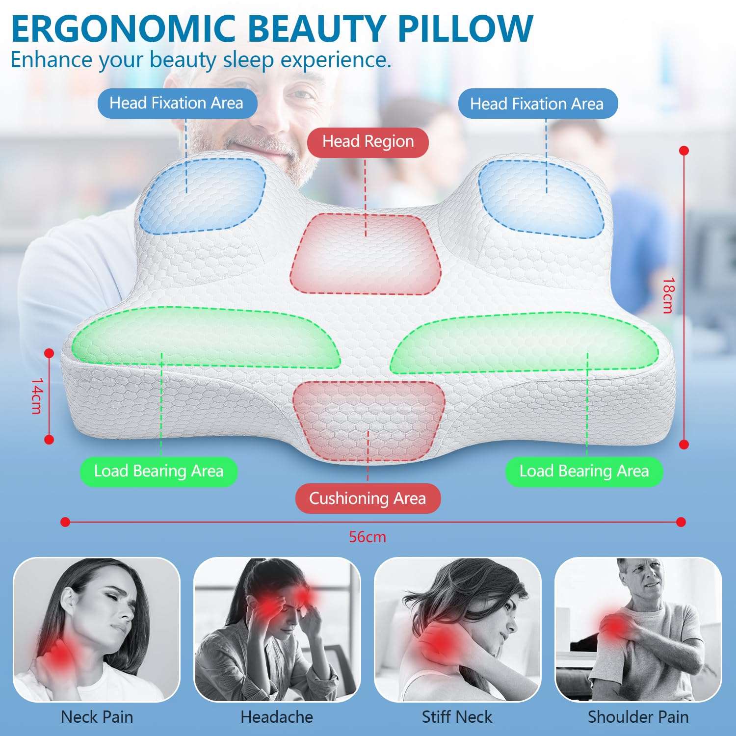 Benazcap Beauty Pillow - Flawless Face Pillow, Anti-Wrinkle & Anti-Aging Memory Foam Pillow for Neck & Shoulder Pain, Cervical Neck Pillow for Back Sleepers Reduces Pressure on Skin - White