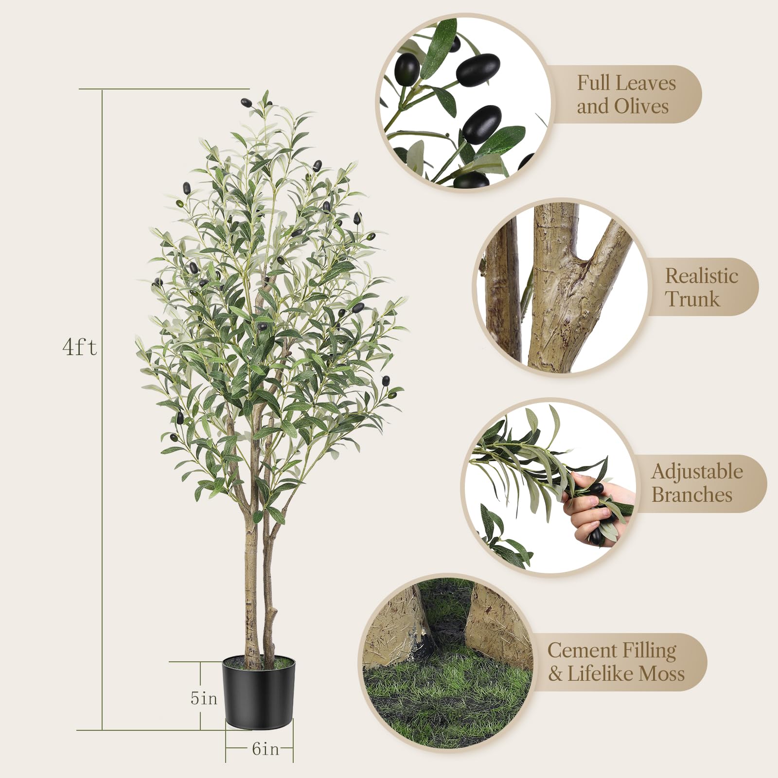 Artificial Olive Tree 4FT Tall Faux Silk Plant(36" in), Indoor Fake Olive Tree with Natural Wood Trunk & Lifelike Fruits, Perfect for Modern Home Office Living Room Floor Decor, 4 FT