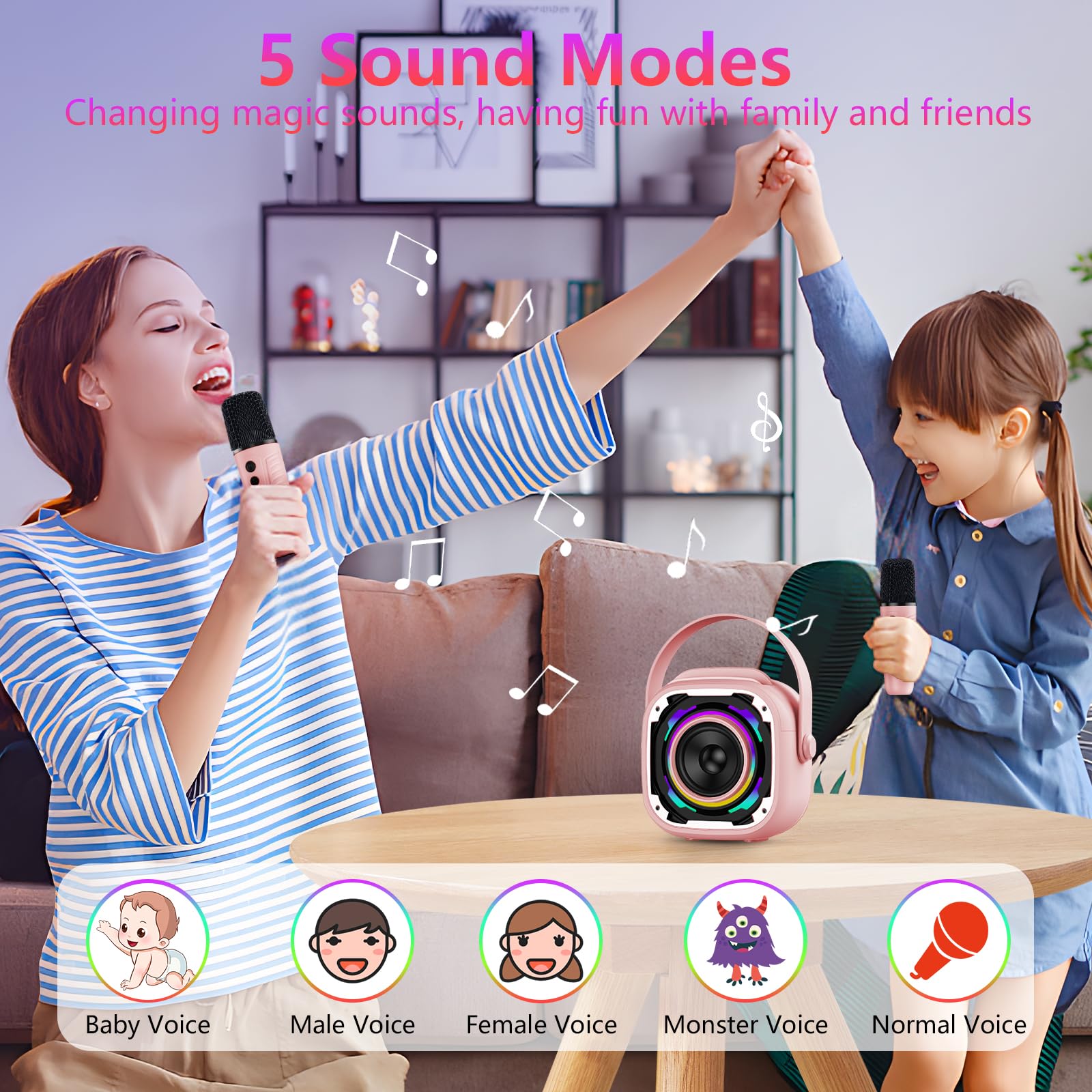 PKBD Karaoke Machine 2 Microphones for Kids Adults, Wireless Portable Bluetooth Speaker with Dynamic Light/Phone Holder/Mini Voice Changer Mic, for Girls Boys Home Party Outdoor