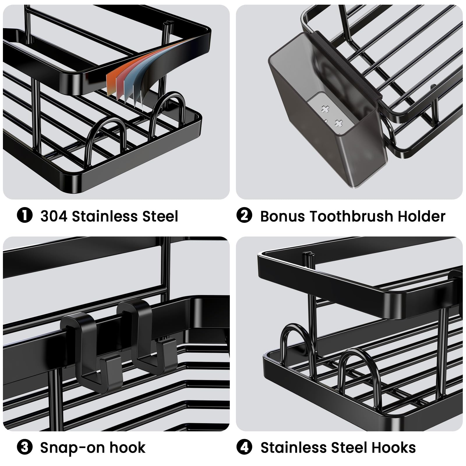 PKBD Corner Shower Caddy 3 Pack,Bathroom Storage No Drilling,shower storage with Soap Holder&Hooks&Toothpaste Holders,Bathroom or Kitchen,Rustproof Stainless Steel suction bathroom accessories,Black