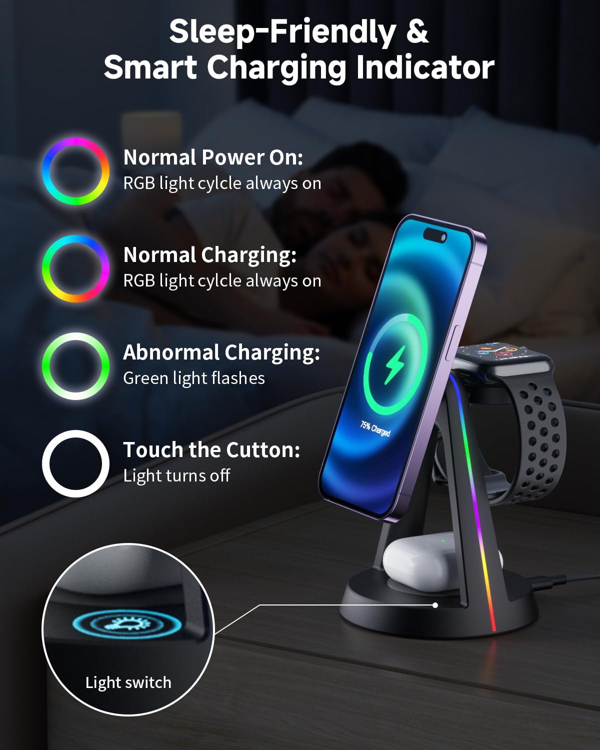 PKBD Mag-Safe 3 in 1 Wireless Charger, Charging Station with Light for iPhone 16/15/14/13/12 Pro/Max/Plus/Mini, Apple Watch, AirPods 4/3/2 Pro, Wireless Charger with 18W Adapter, Black