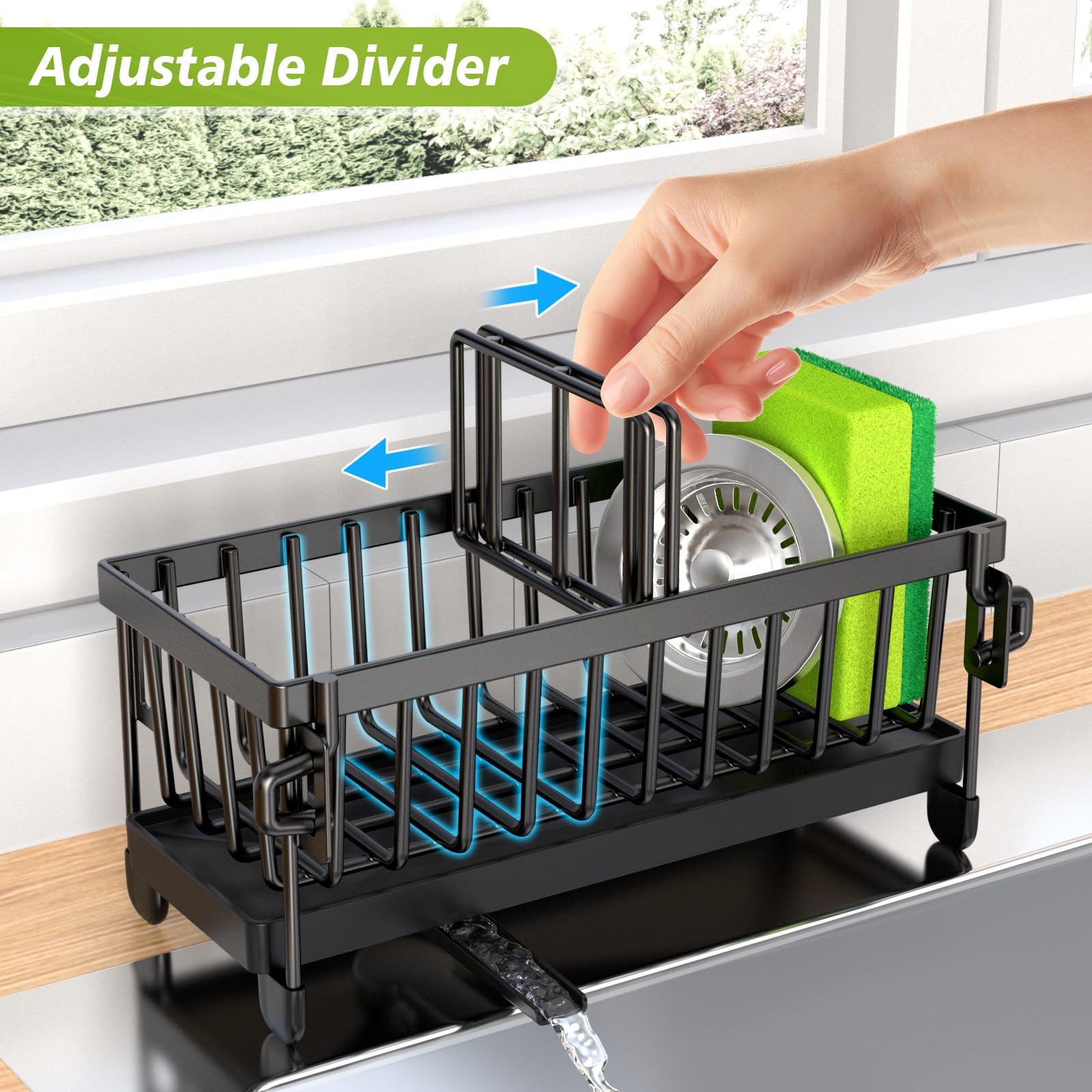 Kitchen Sink Caddy, Rustproof 304 Stainless Steel Sponge Holder for Kitchen Sink with Removable Drain Tray, Towel Holder and Brush Drainer Rack, Kitchen Organiser for Sink Tidy, Black