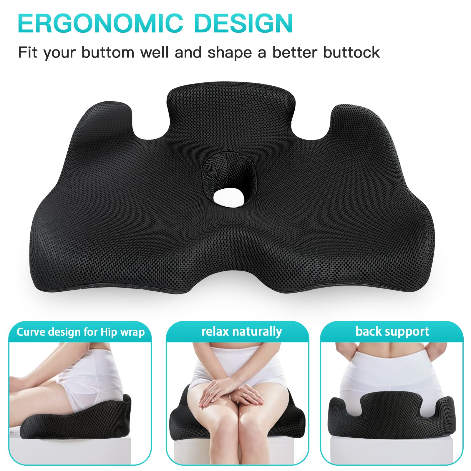 Benazcap Standard Memory Seat Cushion for Office Chair Pressure Relief Sciatica & Tailbone Pain Relief Firm Coccyx Pad for Long Sitting, Office Chair, Gaming Chair and Car Seat-Black, Standard Size