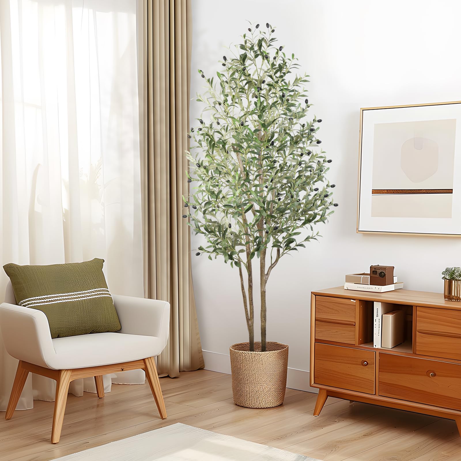 Artificial Olive Tree 6FT Tall Faux Silk Plant(72" in), Indoor Fake Olive Tree with Natural Wood Trunk & Lifelike Fruits, Perfect for Modern Home Office Living Room Floor Decor, 6 FT