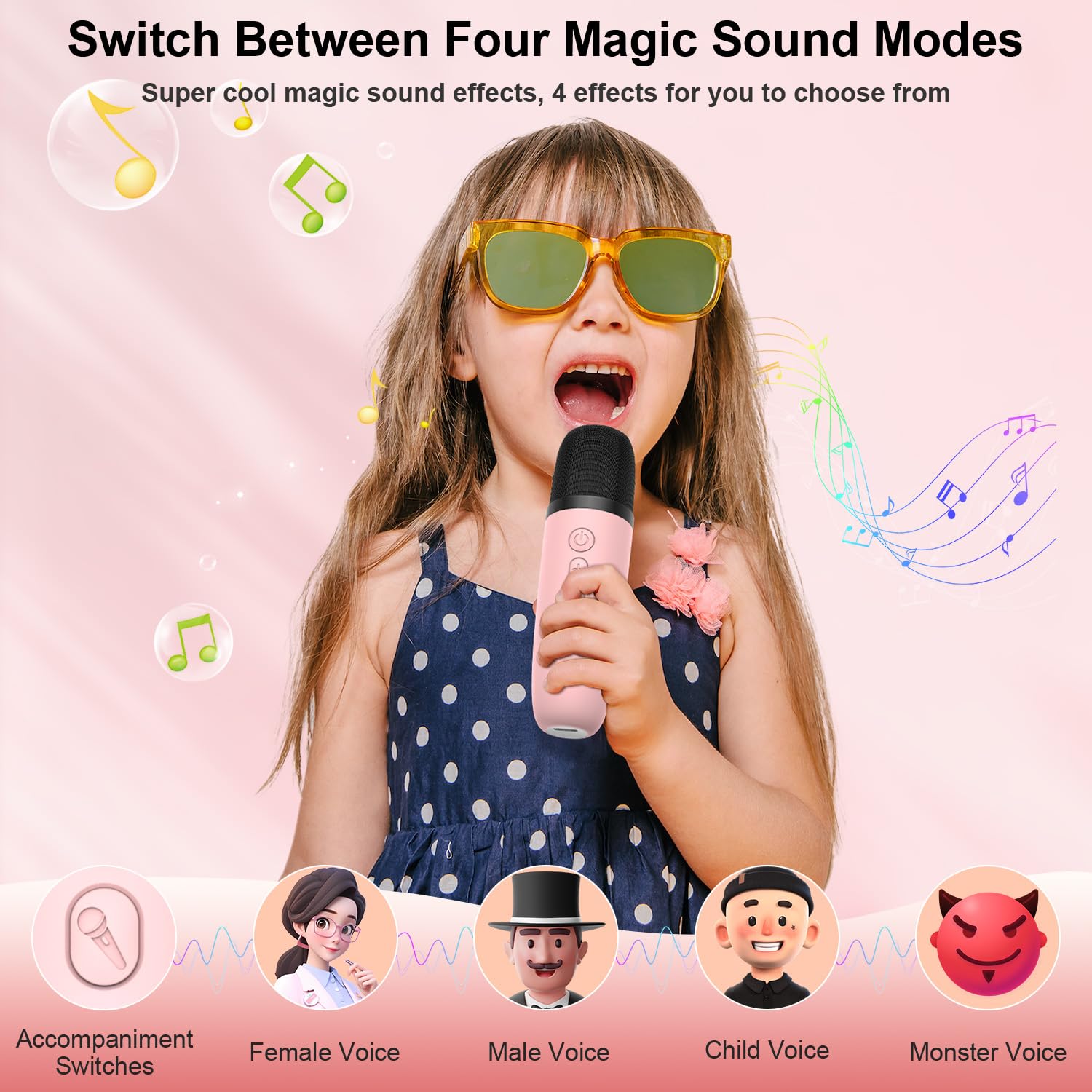 PKBD Kids Karaoke Machine,Portable Bluetooth Speaker with 2 Wireless Microphones/LED Light/Voice Changing Effects,Gifts for Age 3-18 Kids Boys Girls Families Birthday Party,Pink