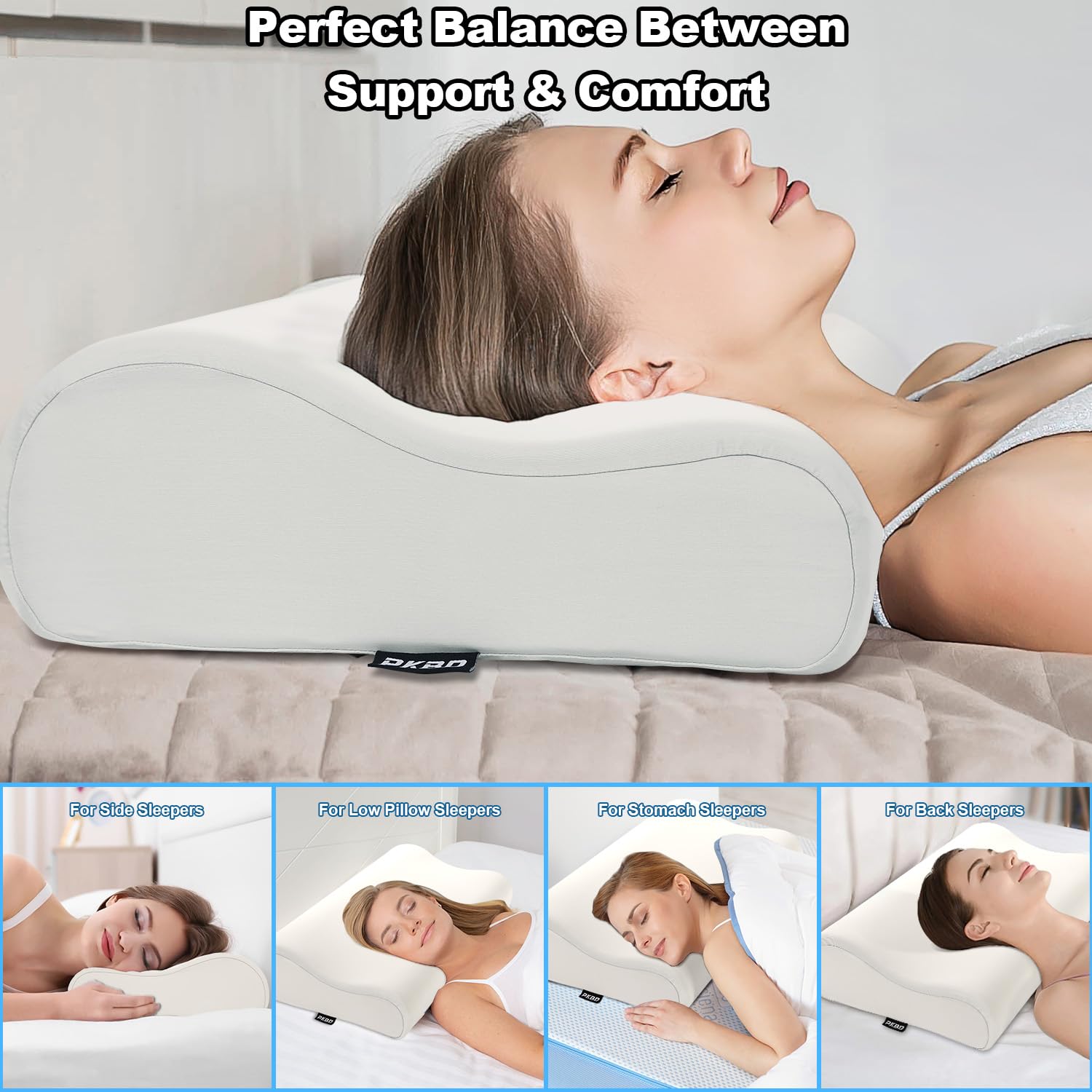 PKBD Memory Foam Pillow with Pillowcase(Cooling Ice Silk),Neck/Shoulder Pain Relief,Ergonomic Orthopedic Cervical Pillow,Neck Contoured Bed Pillow for Side,Back,Stomach Sleepers