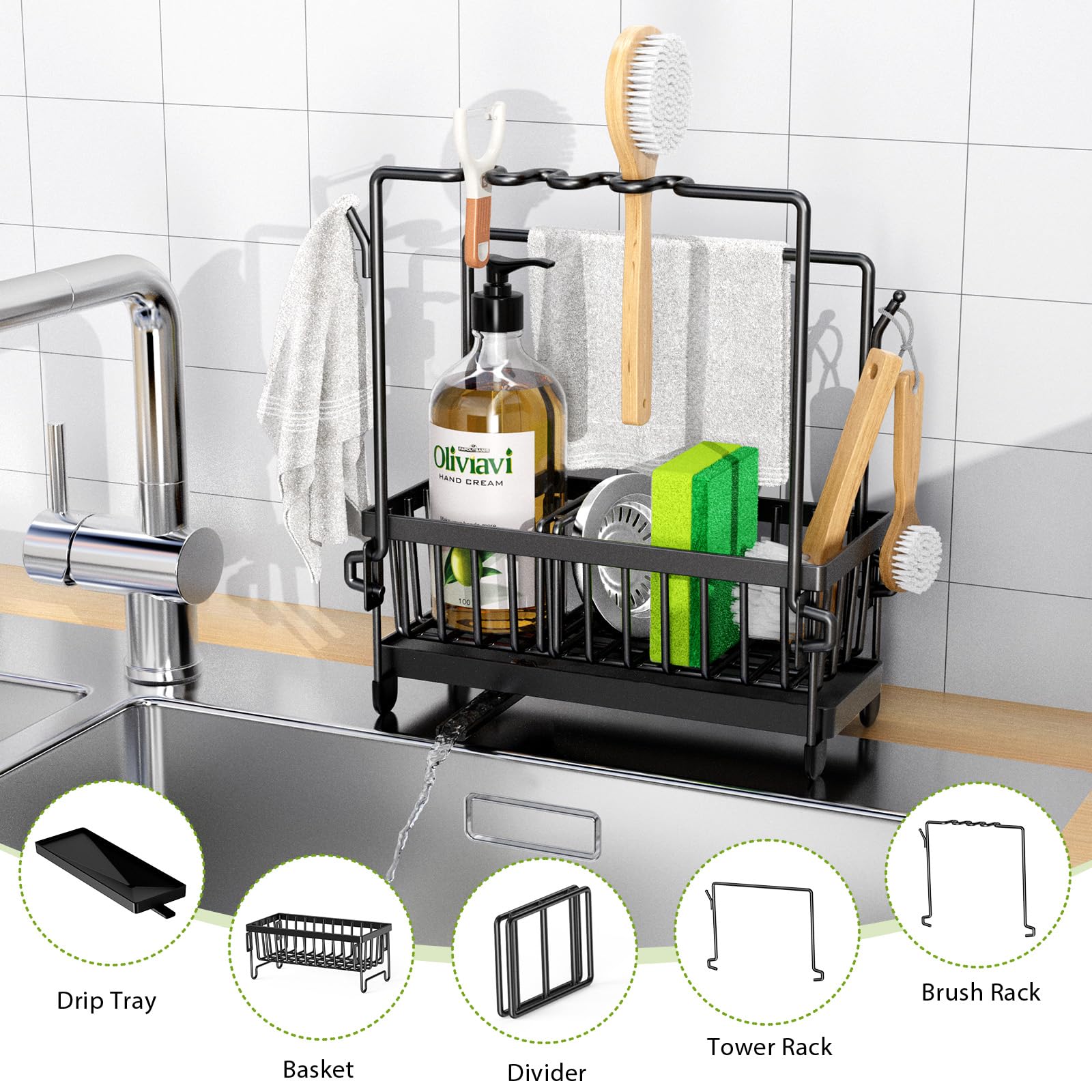 Kitchen Sink Caddy, Rustproof 304 Stainless Steel Sponge Holder for Kitchen Sink with Removable Drain Tray, Towel Holder and Brush Drainer Rack, Kitchen Organiser for Sink Tidy, Black