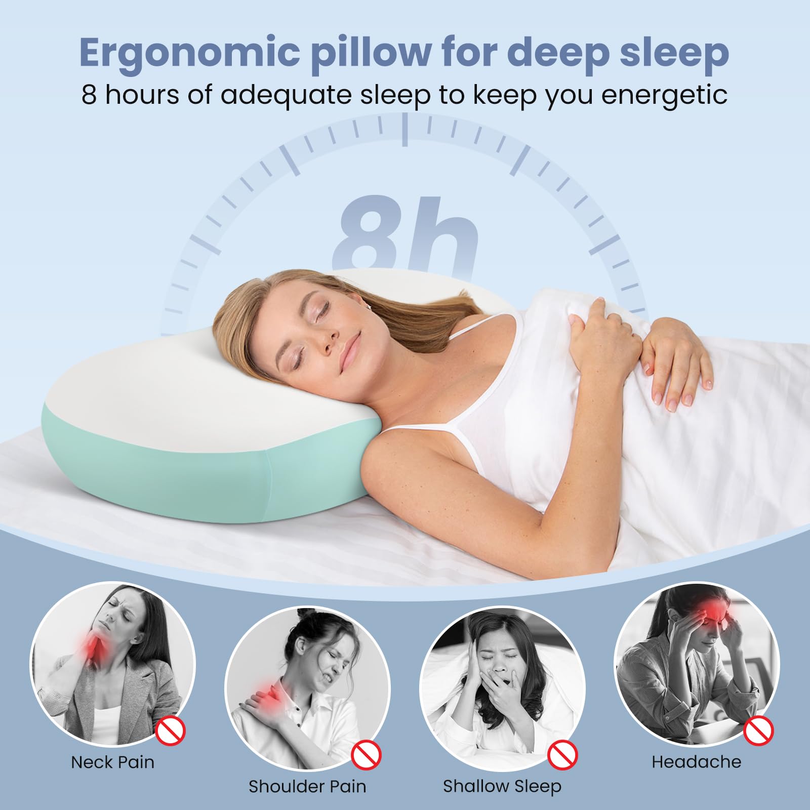 Ergonomic Contour Pillow Memory Foam Cooling Sleep Pillow-White and Blue