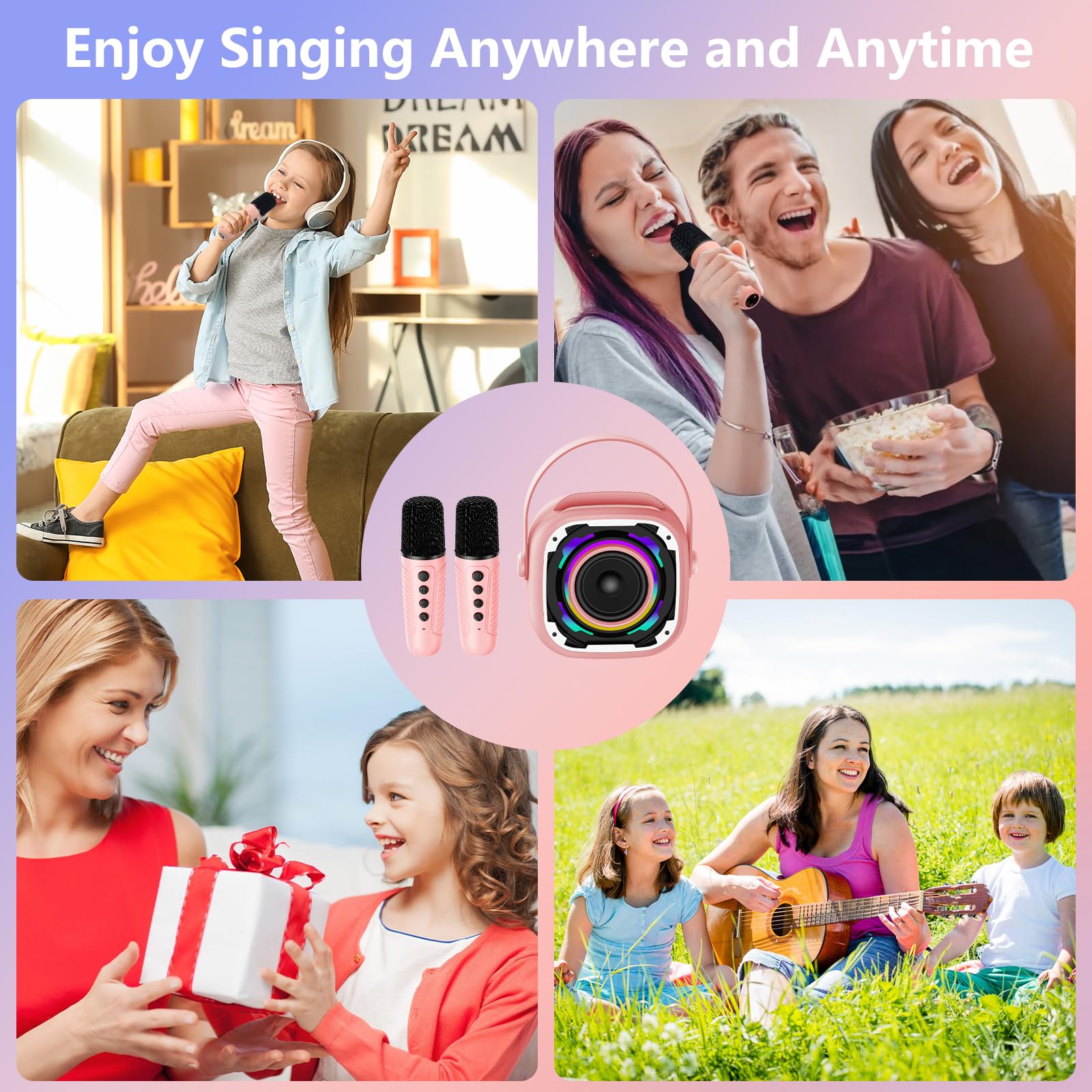 PKBD Karaoke Machine 2 Microphones for Kids Adults, Wireless Portable Bluetooth Speaker with Dynamic Light/Phone Holder/Mini Voice Changer Mic, for Girls Boys Home Party Outdoor